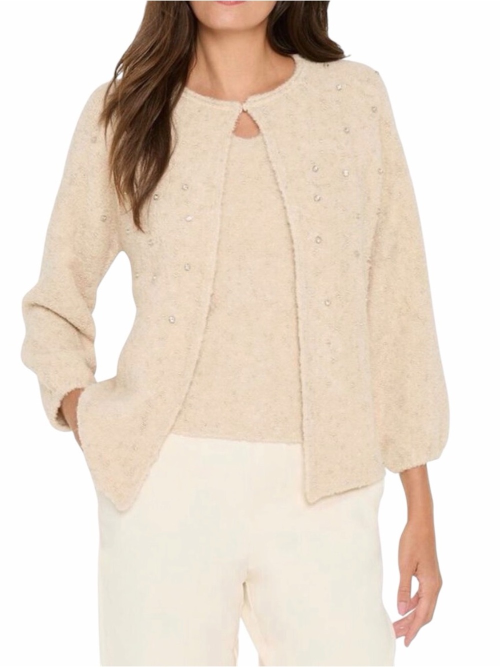 NIC+ZOE Lurex Nep Cardigan Tank set in Sand Soft Fuzzy Knit Rhinestone Detail